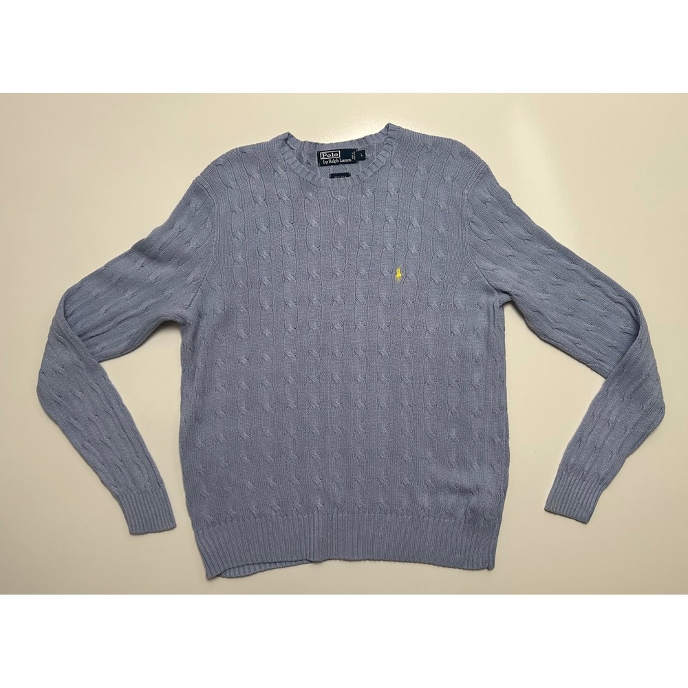 VTG Polo Ralph Lauren 100% Silk Cable Knit Sweater Blue Men's Large READ